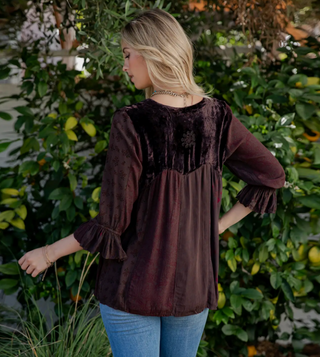 Boho Velvet Patchwork top with embroidery, button down front, and flowy 3/4 sleeves