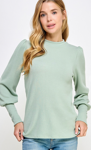 Celery Green ribbed mock neck sweater with uff sleeves and long cuffs, relaxed fit