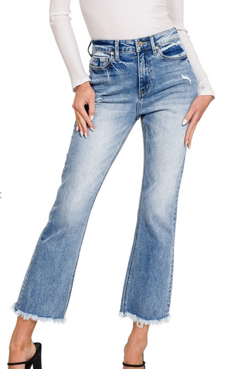 High Rise straight leg cropped denim pants with raw hem, modern fit by Zenana