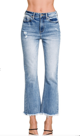 High Rise straight leg cropped denim pants with raw hem, modern fit by Zenana