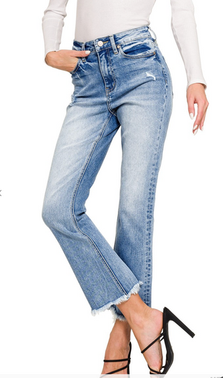 High Rise straight leg cropped denim pants with raw hem, modern fit by Zenana