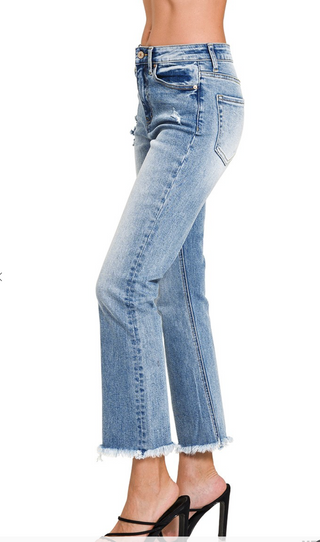 High Rise straight leg cropped denim pants with raw hem, modern fit by Zenana