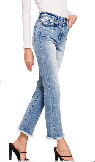 High Rise straight leg cropped denim pants with raw hem, modern fit by Zenana