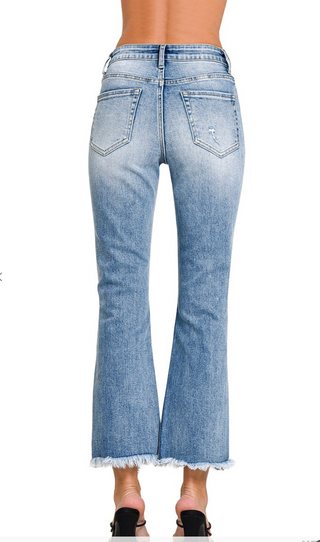 High Rise straight leg cropped denim pants with raw hem, modern fit by Zenana