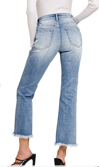 High Rise straight leg cropped denim pants with raw hem, modern fit by Zenana