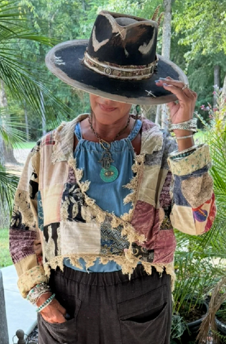 Jaded Gypsy Splitting Ways Patched up Jacket boho relaxed fit, button front, side pockets, and layered artisanal fabric panels