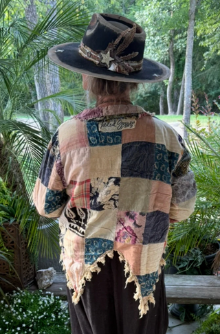 Jaded Gypsy Splitting Ways Patched up Jacket boho relaxed fit, button front, side pockets, and layered artisanal fabric panels