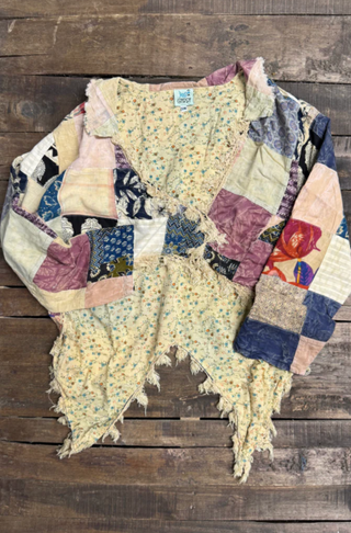 Jaded Gypsy Splitting Ways Patched up Jacket boho relaxed fit, button front, side pockets, and layered artisanal fabric panels
