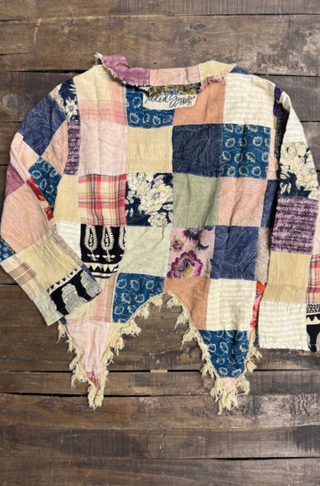 Jaded Gypsy Splitting Ways Patched up Jacket boho relaxed fit, button front, side pockets, and layered artisanal fabric panels