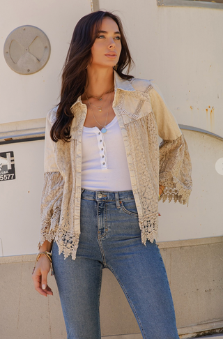 Latte boho jacket with crochet lace panels, flowy bell sleeves, button-front open design, and lightweight cotton fabric