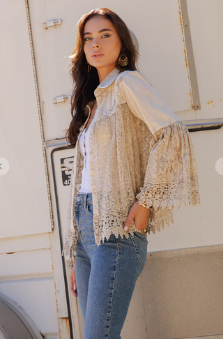 Latte boho jacket with crochet lace panels, flowy bell sleeves, button-front open design, and lightweight cotton fabric