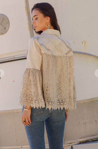 Latte boho jacket with crochet lace panels, flowy bell sleeves, button-front open design, and lightweight cotton fabric