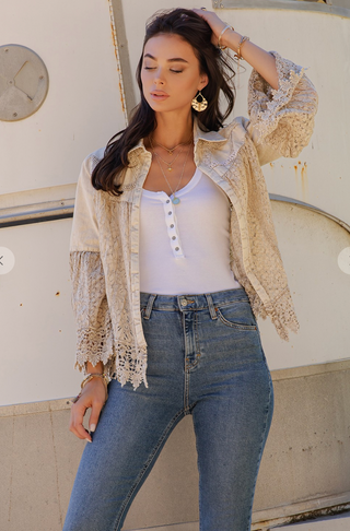 Latte boho jacket with crochet lace panels, flowy bell sleeves, button-front open design, and lightweight cotton fabric