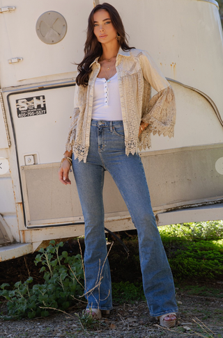 Latte boho jacket with crochet lace panels, flowy bell sleeves, button-front open design, and lightweight cotton fabric