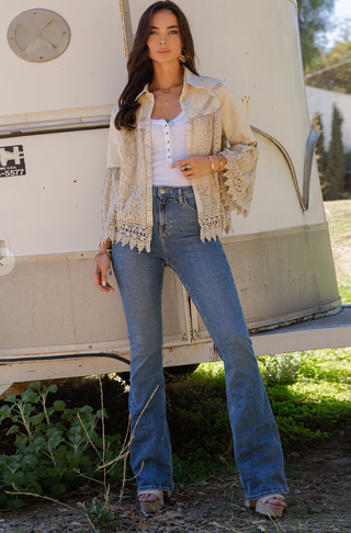 Latte boho jacket with crochet lace panels, flowy bell sleeves, button-front open design, and lightweight cotton fabric