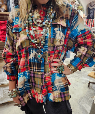 Oversized reversible patchwork flannel top with quilt inspired panels and royal zigzag stitching in multicolor fabric