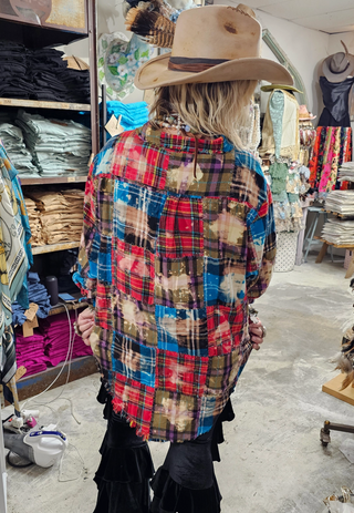 Oversized reversible patchwork flannel top with quilt inspired panels and royal zigzag stitching in multicolor fabric