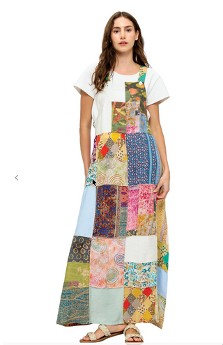 Floral Patchwork Overall Maxi Dress - Slip Boho Hippie Casual Look