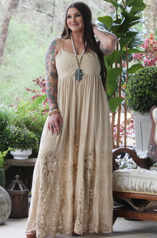 Jaded Gypsy Sunset Romance Dress boho maxi with lace details and corset back in soft cotton