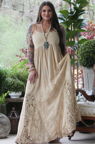 Jaded Gypsy Sunset Romance Dress boho maxi with lace details and corset back in soft cotton