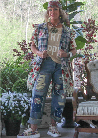 Jaded Gypsy Garden Splatter Jeans with hand painted floral design and relaxed boho fit 