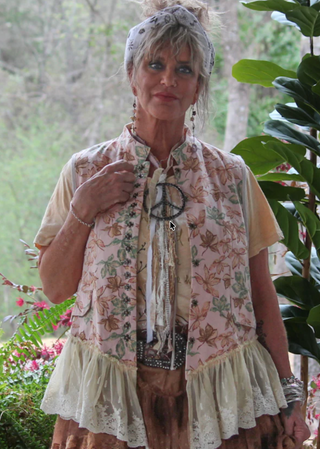 Jaded Gypsy Enchanted vest with vintage leaf print, and lace hem, fitted boho layering piece