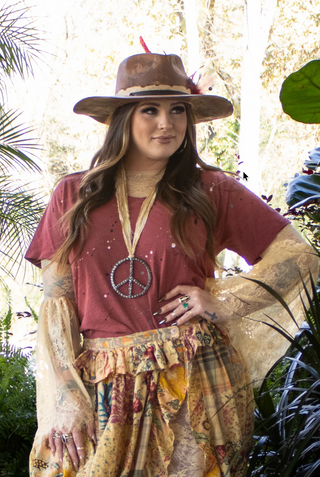 Jaded Gypsy Moon Dance V-Neck Tee | Boho Wine Splatter Cotton Top