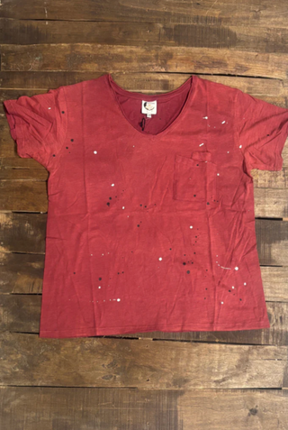 Jaded Gypsy Moon Dance V-Neck Tee | Boho Wine Splatter Cotton Top