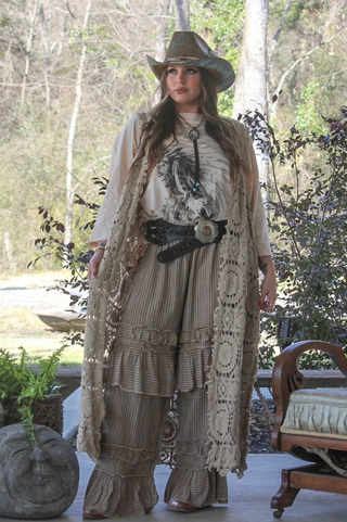 Jaded Gypsy Forever Timeless Vest Duster boho long beige 100% cotton with artisan lace detailing and relaxed layering fit