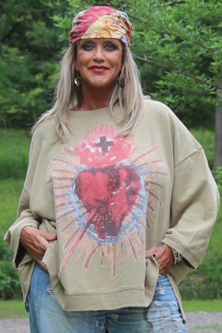 Jaded Gypsy Sacred Heart Oversized Sweatshirt - Olive Green Boho Pullover