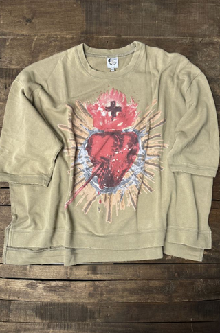 Jaded Gypsy Sacred Heart Oversized Sweatshirt - Olive Green Boho Pullover