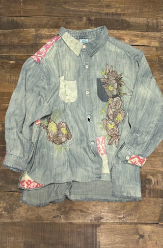 Jaded Gypsy Moon Embroidered Cotton Shirt – Boho Celestial Patchwork Button-Down