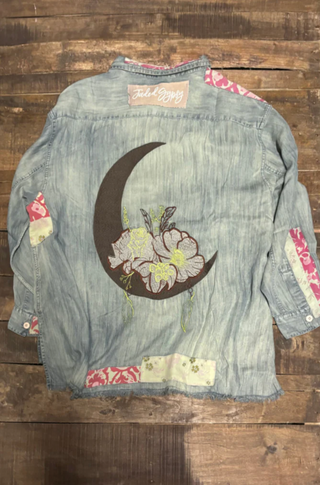 Jaded Gypsy Moon Embroidered Cotton Shirt – Boho Celestial Patchwork Button-Down