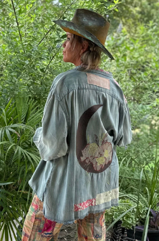 Jaded Gypsy Moon Embroidered Cotton Shirt – Boho Celestial Patchwork Button-Down