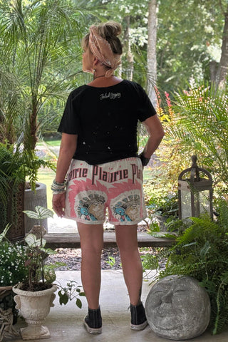 Jaded Gypsy Local Fair Prairie shorts with vintage graphic design, soft cotton fabric, and relaxed boho fit