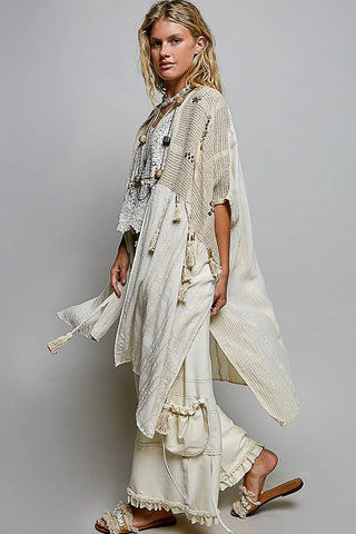 Boho Crochet Contrast Sequin Tassel Midi Kimono Fit Cardigan - Natural