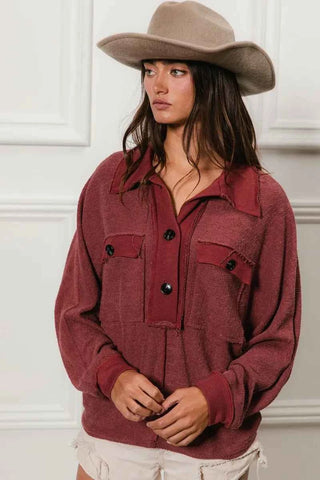 BiBi Cp French Terry Cut Edge Detail Collared Top