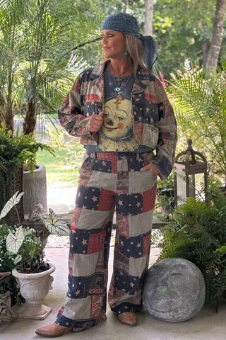 Jaded Gypsy Stars and Stripes Forever pants with vintage American flag patchwork, relaxed boho fit, and wide-leg silhouette