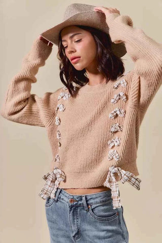 SO ME Checkered Plaid Tape Lace Up Ribbed Sweater