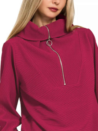 Zenana Ribbed High Neck Half Zip Pullover & Pants Set