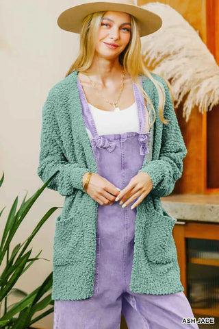 Zenana Long Sleeve Popcorn Sweater Cardigan with Pockets