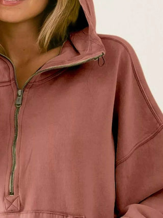 BiBi Stitch Detailed Elastic Hem Half Zip Fleece Hoodie