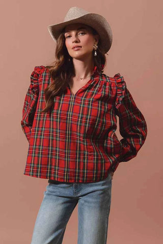 SO ME Christmas Checkered Plaid Smocked Blouse