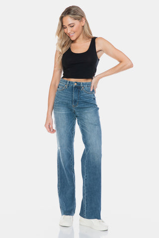 Judy Blue Full Size Tummy Control Cut Raw Hem Straight Jeans - White Lily Boutique
