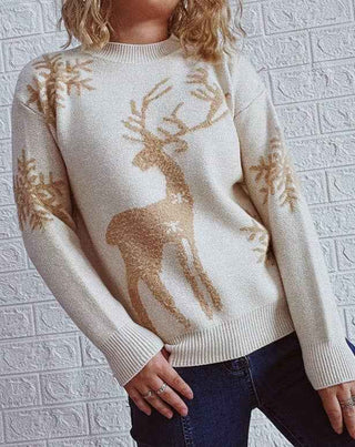 Beige crewneck sweater with snowflake and fawn jacquard holiday print long sleeve knit 