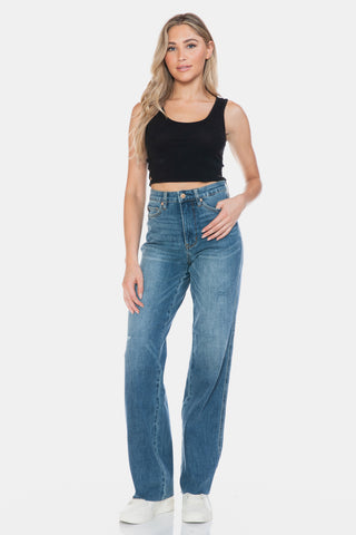 Judy Blue Full Size Tummy Control Cut Raw Hem Straight Jeans - White Lily Boutique