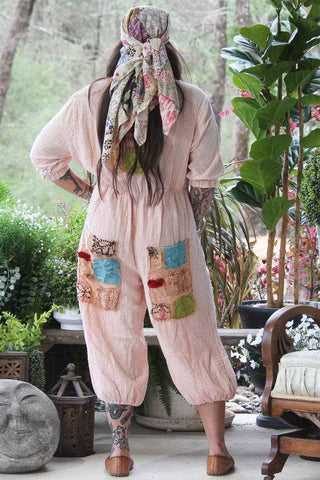 Jaded Gypsy Prairie Ember patchwork cotton jumpsuit with relaxed boho fit, wide-leg silhouette, and vintage-inspired design