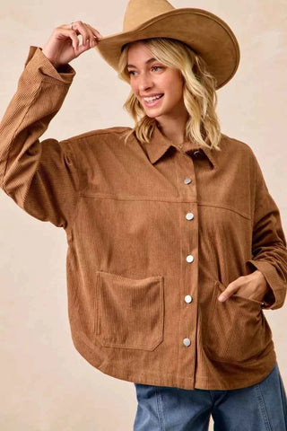 BiBi Corduroy Relaxed Fit Shacket with Back Pleat