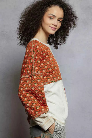 POL Contrast Patchwork Round Neck Long Sleeve Top