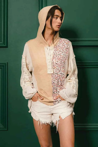 BiBi Slub Jersey with Lace Combo Buttoned Hoodie Top